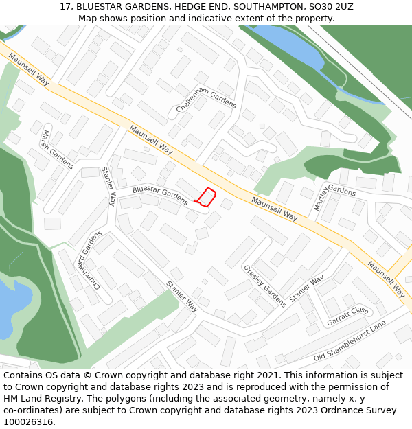 17, BLUESTAR GARDENS, HEDGE END, SOUTHAMPTON, SO30 2UZ: Location map and indicative extent of plot