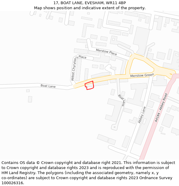17, BOAT LANE, EVESHAM, WR11 4BP: Location map and indicative extent of plot