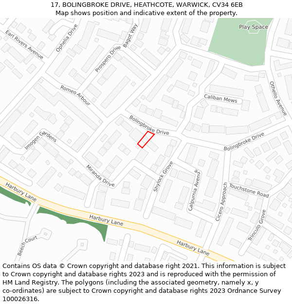 17, BOLINGBROKE DRIVE, HEATHCOTE, WARWICK, CV34 6EB: Location map and indicative extent of plot