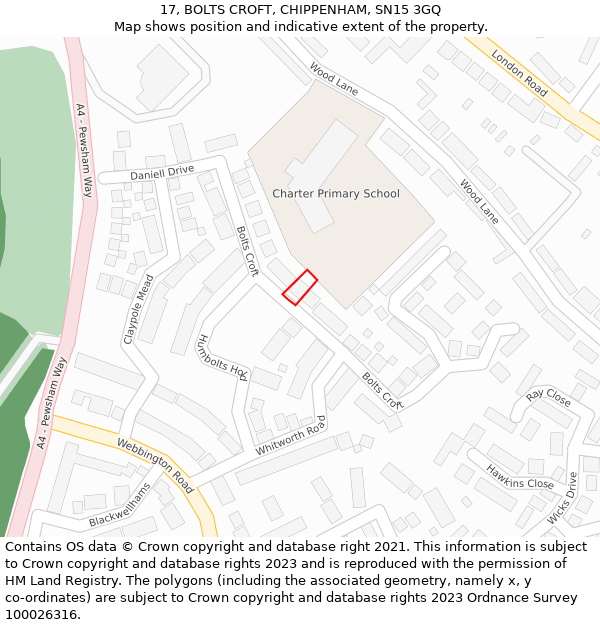 17, BOLTS CROFT, CHIPPENHAM, SN15 3GQ: Location map and indicative extent of plot