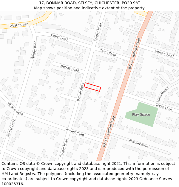 17, BONNAR ROAD, SELSEY, CHICHESTER, PO20 9AT: Location map and indicative extent of plot