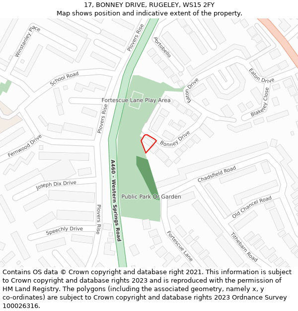 17, BONNEY DRIVE, RUGELEY, WS15 2FY: Location map and indicative extent of plot