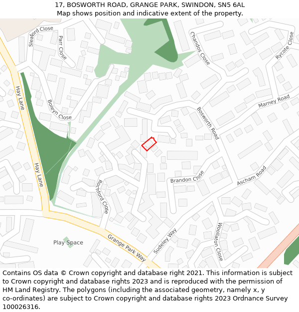 17, BOSWORTH ROAD, GRANGE PARK, SWINDON, SN5 6AL: Location map and indicative extent of plot