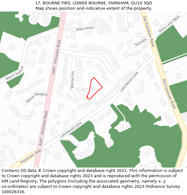 17, BOURNE FIRS, LOWER BOURNE, FARNHAM, GU10 3QD: Location map and indicative extent of plot