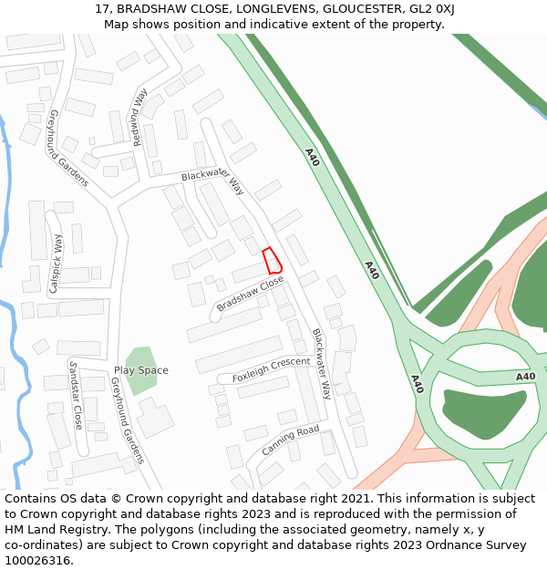 17, BRADSHAW CLOSE, LONGLEVENS, GLOUCESTER, GL2 0XJ: Location map and indicative extent of plot