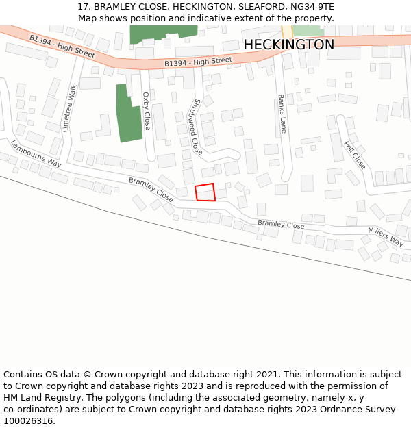 17, BRAMLEY CLOSE, HECKINGTON, SLEAFORD, NG34 9TE: Location map and indicative extent of plot