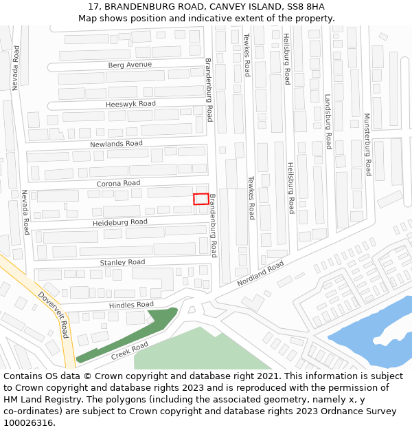 17, BRANDENBURG ROAD, CANVEY ISLAND, SS8 8HA: Location map and indicative extent of plot