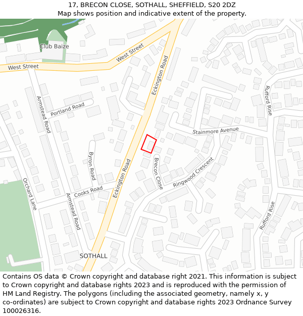 17, BRECON CLOSE, SOTHALL, SHEFFIELD, S20 2DZ: Location map and indicative extent of plot