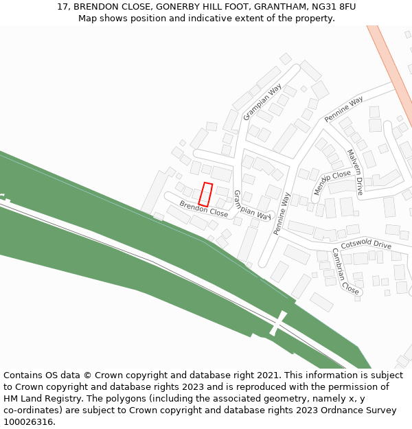 17, BRENDON CLOSE, GONERBY HILL FOOT, GRANTHAM, NG31 8FU: Location map and indicative extent of plot