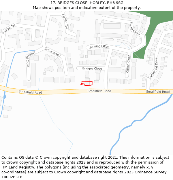 17, BRIDGES CLOSE, HORLEY, RH6 9SG: Location map and indicative extent of plot