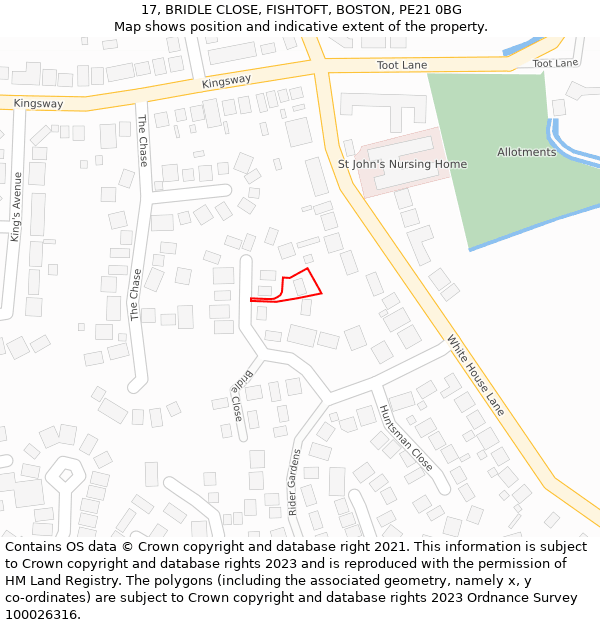 17, BRIDLE CLOSE, FISHTOFT, BOSTON, PE21 0BG: Location map and indicative extent of plot