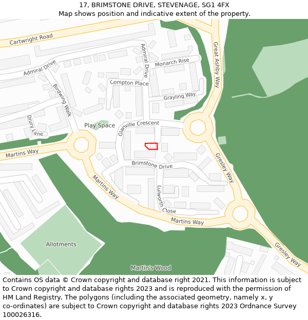 17, BRIMSTONE DRIVE, STEVENAGE, SG1 4FX: Location map and indicative extent of plot