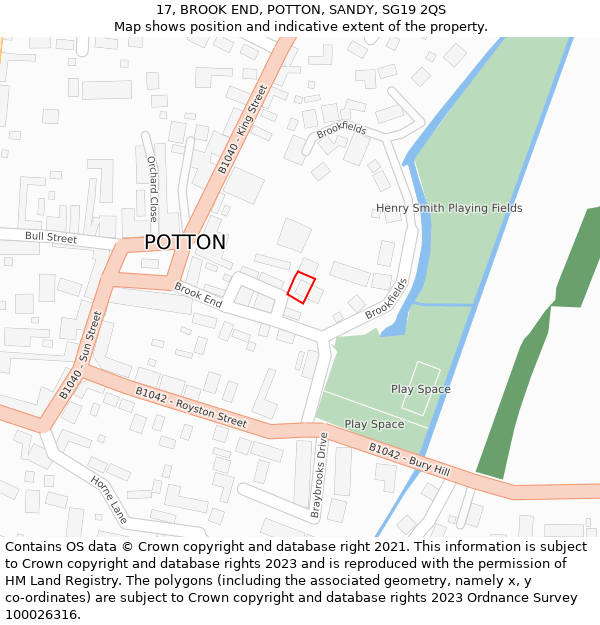 17, BROOK END, POTTON, SANDY, SG19 2QS: Location map and indicative extent of plot