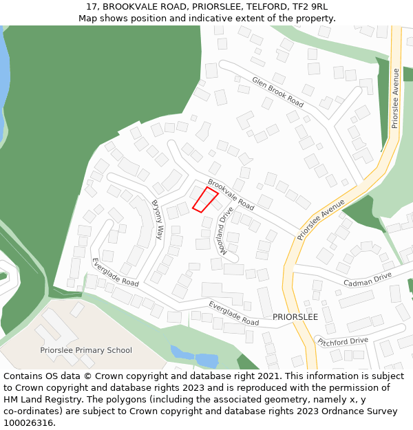17, BROOKVALE ROAD, PRIORSLEE, TELFORD, TF2 9RL: Location map and indicative extent of plot