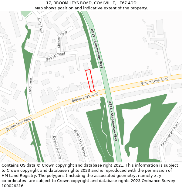 17, BROOM LEYS ROAD, COALVILLE, LE67 4DD: Location map and indicative extent of plot