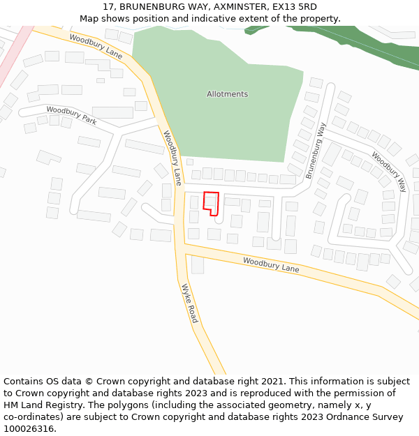 17, BRUNENBURG WAY, AXMINSTER, EX13 5RD: Location map and indicative extent of plot