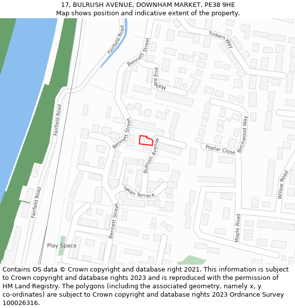 17, BULRUSH AVENUE, DOWNHAM MARKET, PE38 9HE: Location map and indicative extent of plot