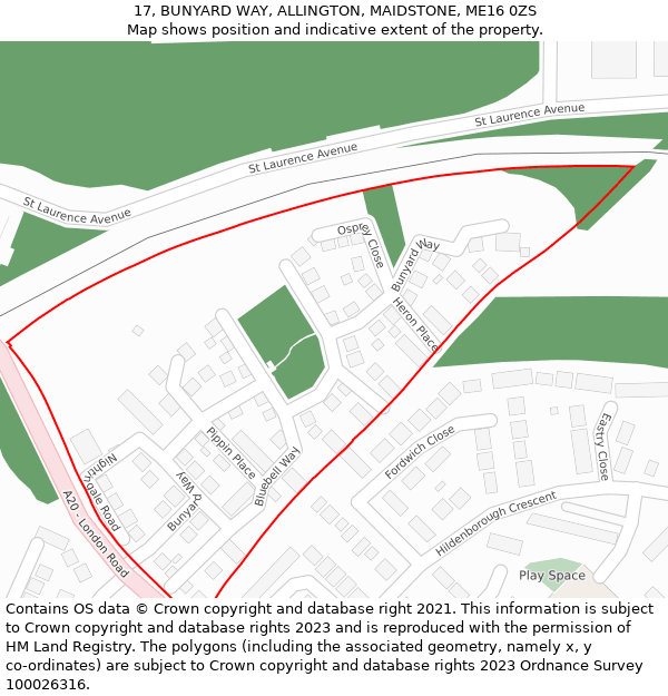 17, BUNYARD WAY, ALLINGTON, MAIDSTONE, ME16 0ZS: Location map and indicative extent of plot