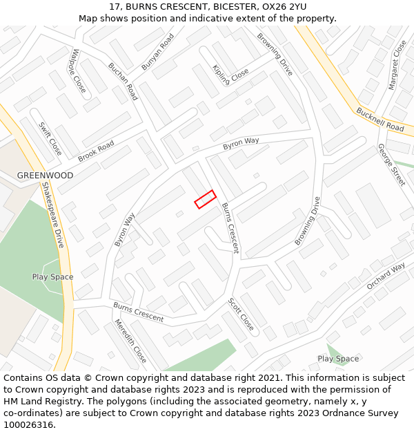 17, BURNS CRESCENT, BICESTER, OX26 2YU: Location map and indicative extent of plot