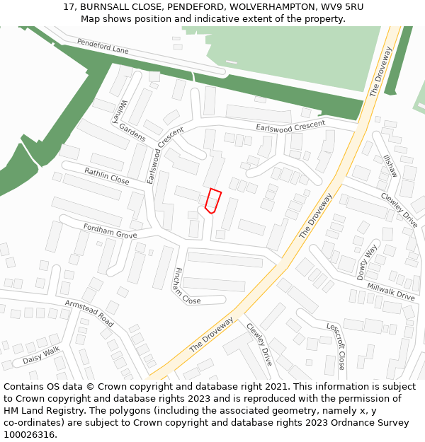 17, BURNSALL CLOSE, PENDEFORD, WOLVERHAMPTON, WV9 5RU: Location map and indicative extent of plot