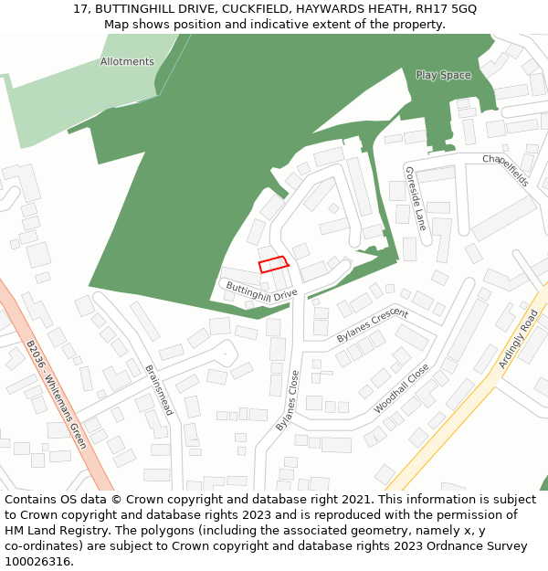 17, BUTTINGHILL DRIVE, CUCKFIELD, HAYWARDS HEATH, RH17 5GQ: Location map and indicative extent of plot