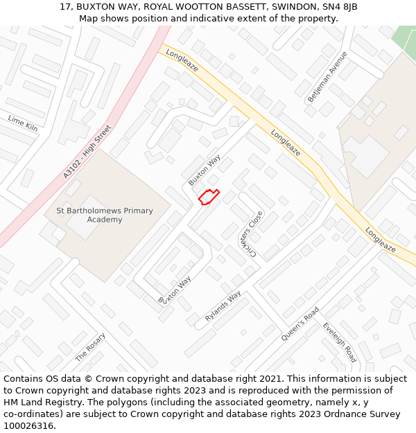 17, BUXTON WAY, ROYAL WOOTTON BASSETT, SWINDON, SN4 8JB: Location map and indicative extent of plot