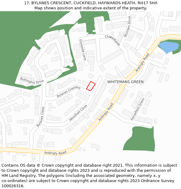 17, BYLANES CRESCENT, CUCKFIELD, HAYWARDS HEATH, RH17 5HA: Location map and indicative extent of plot