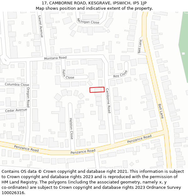 17, CAMBORNE ROAD, KESGRAVE, IPSWICH, IP5 1JP: Location map and indicative extent of plot