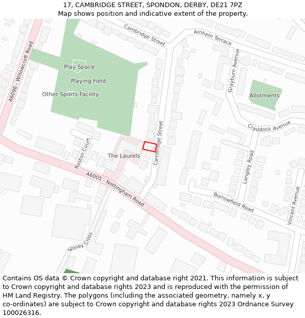 17, CAMBRIDGE STREET, SPONDON, DERBY, DE21 7PZ: Location map and indicative extent of plot