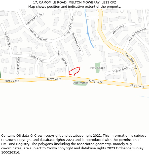 17, CAMOMILE ROAD, MELTON MOWBRAY, LE13 0FZ: Location map and indicative extent of plot