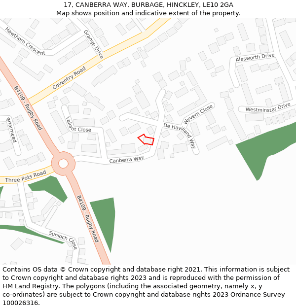 17, CANBERRA WAY, BURBAGE, HINCKLEY, LE10 2GA: Location map and indicative extent of plot