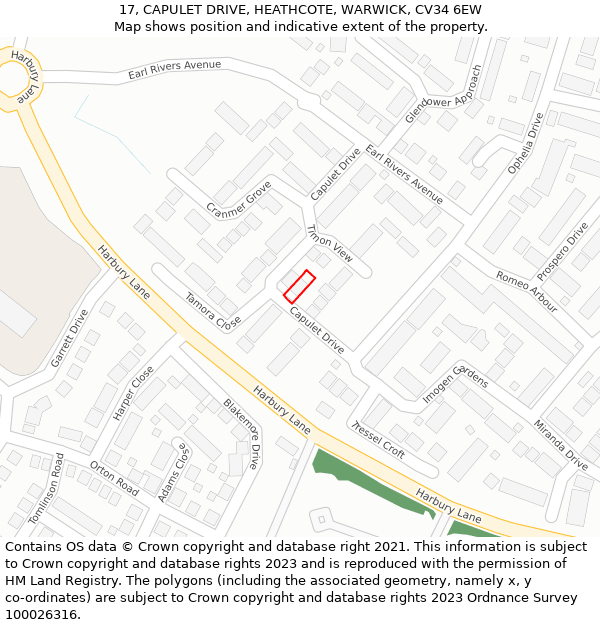 17, CAPULET DRIVE, HEATHCOTE, WARWICK, CV34 6EW: Location map and indicative extent of plot