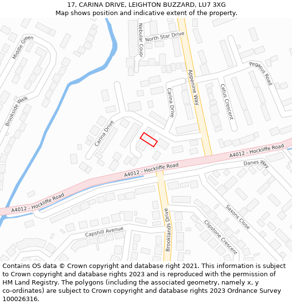 17, CARINA DRIVE, LEIGHTON BUZZARD, LU7 3XG: Location map and indicative extent of plot