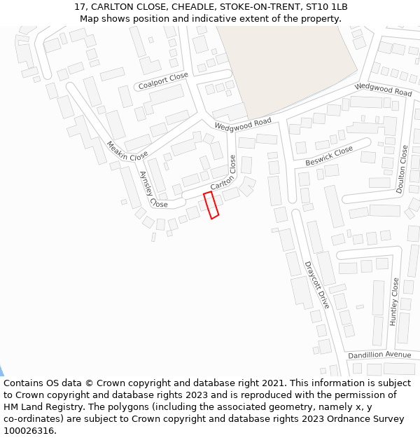 17, CARLTON CLOSE, CHEADLE, STOKE-ON-TRENT, ST10 1LB: Location map and indicative extent of plot