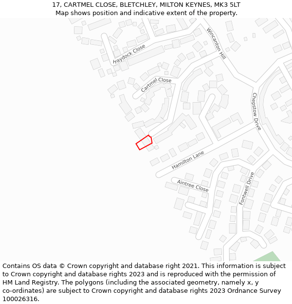 17, CARTMEL CLOSE, BLETCHLEY, MILTON KEYNES, MK3 5LT: Location map and indicative extent of plot