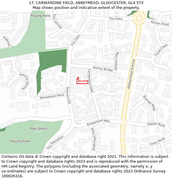 17, CARWARDINE FIELD, ABBEYMEAD, GLOUCESTER, GL4 5TX: Location map and indicative extent of plot