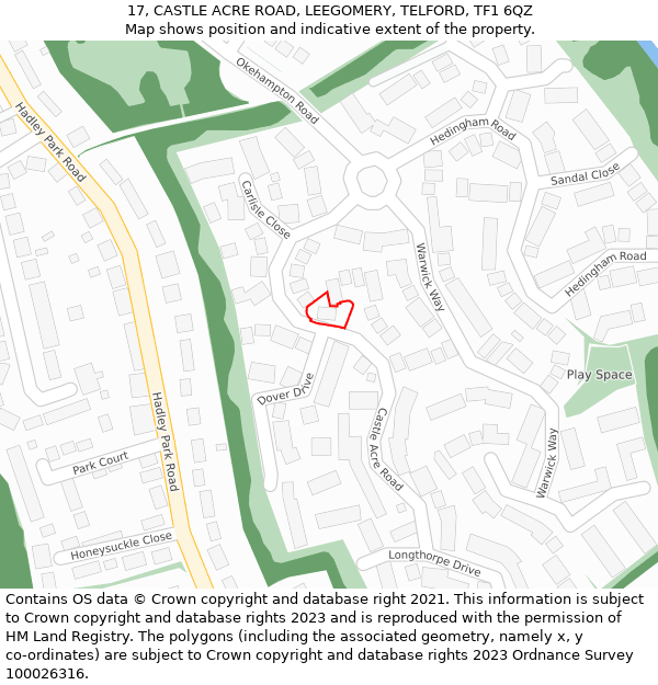 17, CASTLE ACRE ROAD, LEEGOMERY, TELFORD, TF1 6QZ: Location map and indicative extent of plot