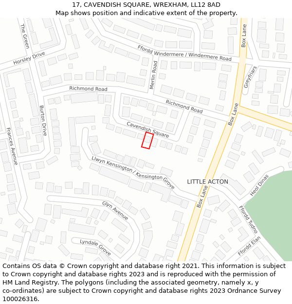 17, CAVENDISH SQUARE, WREXHAM, LL12 8AD: Location map and indicative extent of plot