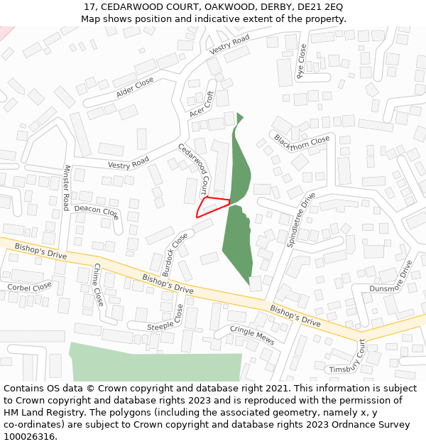 17, CEDARWOOD COURT, OAKWOOD, DERBY, DE21 2EQ: Location map and indicative extent of plot