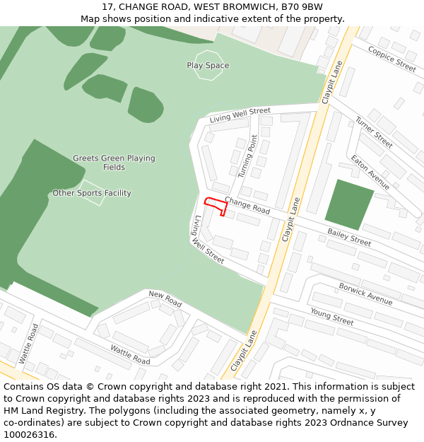 17, CHANGE ROAD, WEST BROMWICH, B70 9BW: Location map and indicative extent of plot