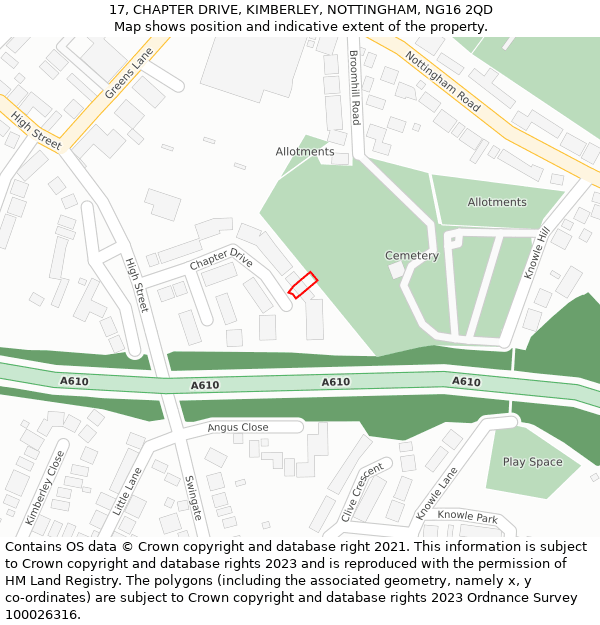 17, CHAPTER DRIVE, KIMBERLEY, NOTTINGHAM, NG16 2QD: Location map and indicative extent of plot