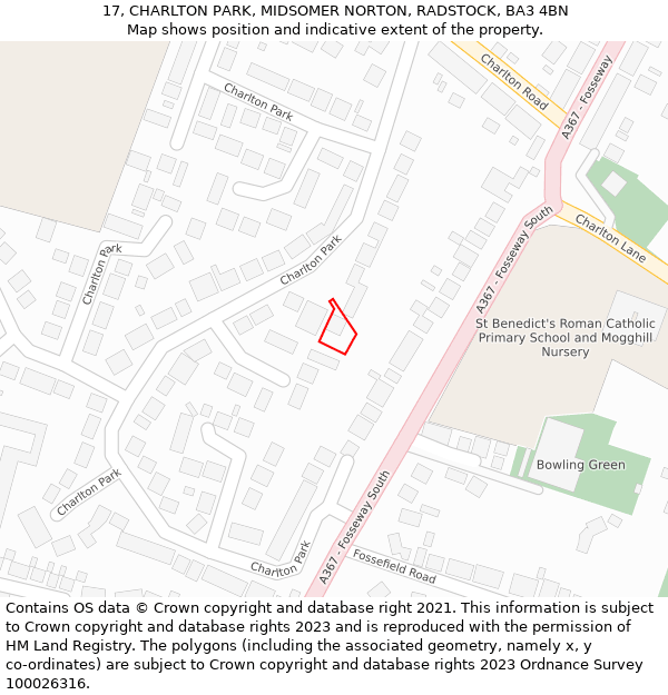 17, CHARLTON PARK, MIDSOMER NORTON, RADSTOCK, BA3 4BN: Location map and indicative extent of plot