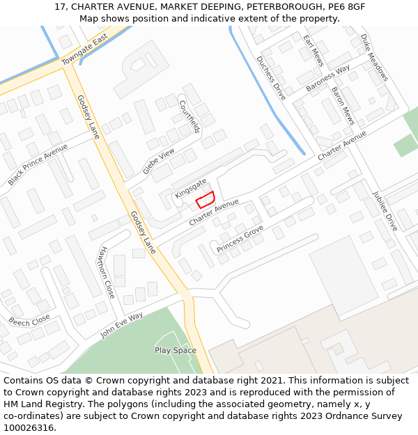 17, CHARTER AVENUE, MARKET DEEPING, PETERBOROUGH, PE6 8GF: Location map and indicative extent of plot