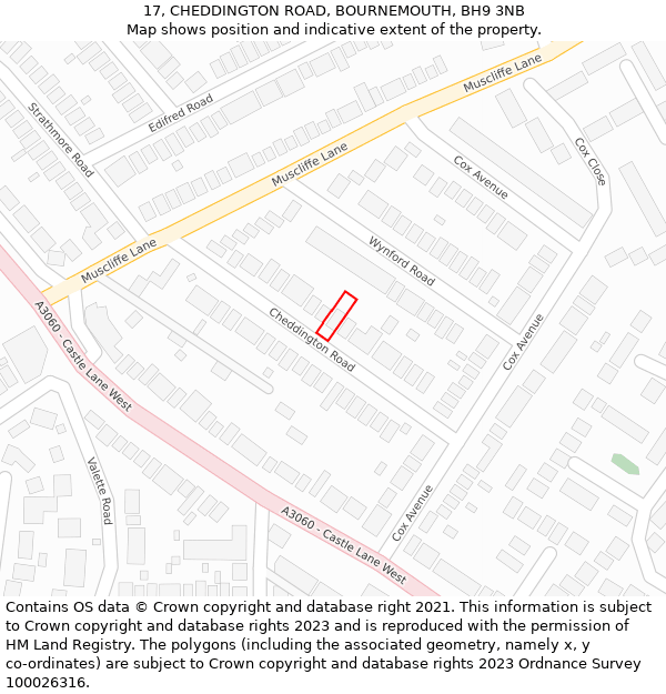 17, CHEDDINGTON ROAD, BOURNEMOUTH, BH9 3NB: Location map and indicative extent of plot