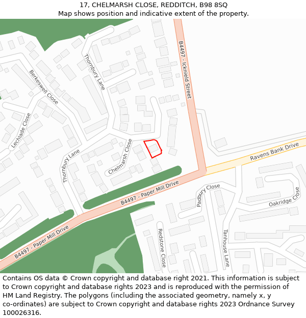 17, CHELMARSH CLOSE, REDDITCH, B98 8SQ: Location map and indicative extent of plot