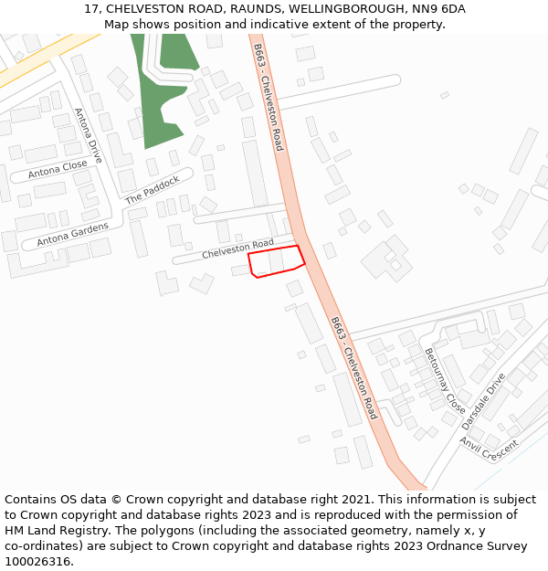 17, CHELVESTON ROAD, RAUNDS, WELLINGBOROUGH, NN9 6DA: Location map and indicative extent of plot