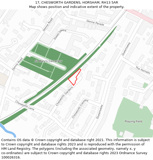 17, CHESWORTH GARDENS, HORSHAM, RH13 5AR: Location map and indicative extent of plot