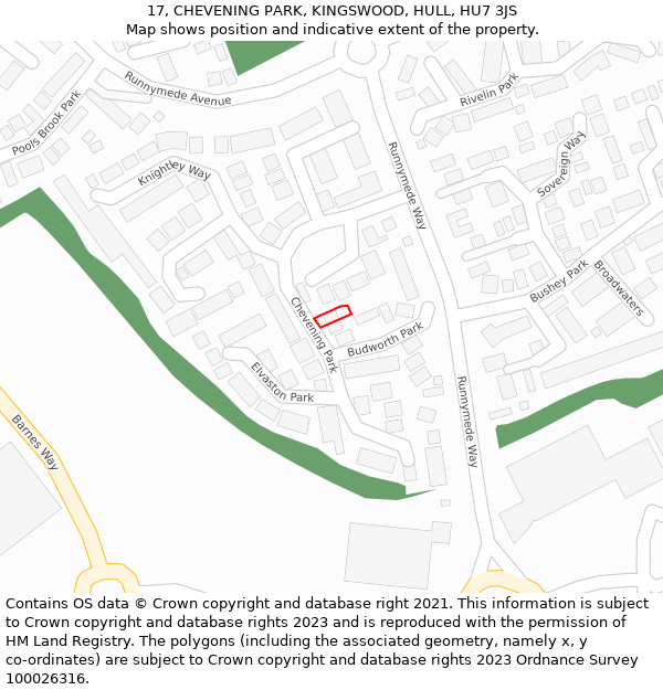 17, CHEVENING PARK, KINGSWOOD, HULL, HU7 3JS: Location map and indicative extent of plot