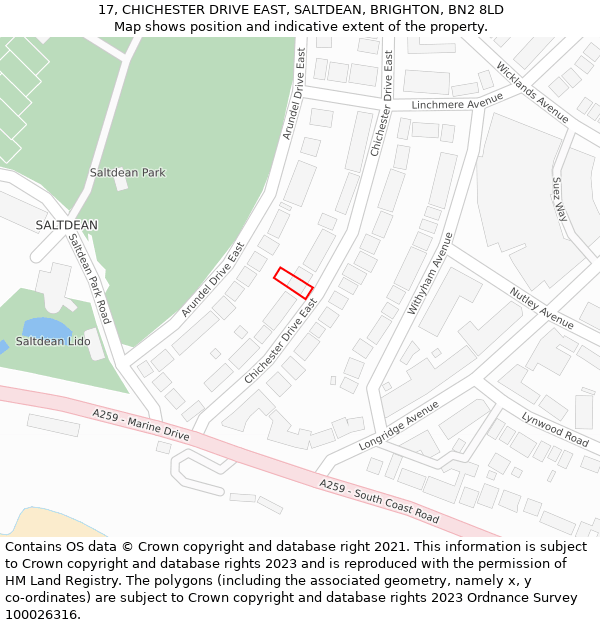 17, CHICHESTER DRIVE EAST, SALTDEAN, BRIGHTON, BN2 8LD: Location map and indicative extent of plot
