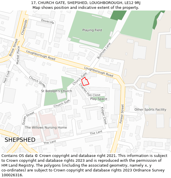 17, CHURCH GATE, SHEPSHED, LOUGHBOROUGH, LE12 9RJ: Location map and indicative extent of plot